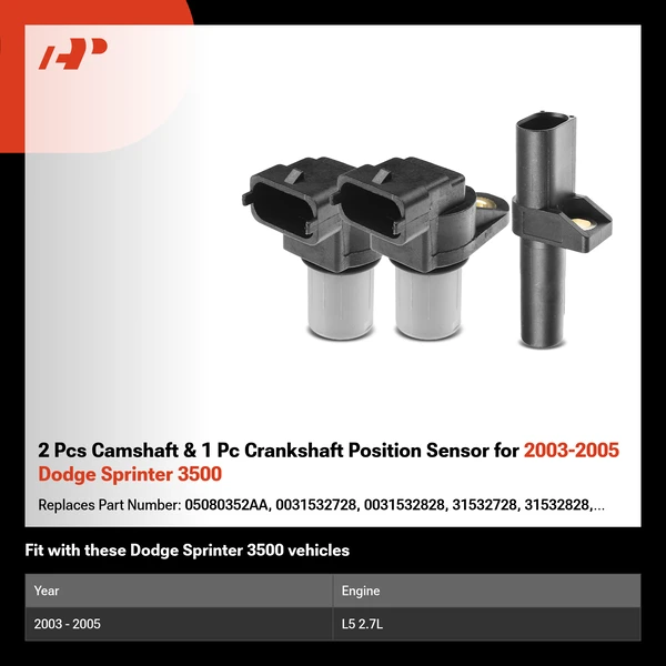 2 Pcs Camshaft & 1 Pc Crankshaft Position Sensor for 2003-2005 Dodge Sprinter 3500