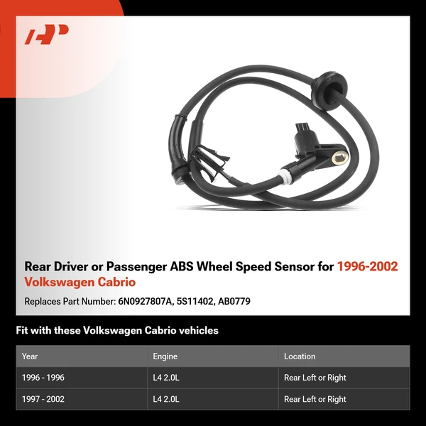 Rear Driver or Passenger ABS Wheel Speed Sensor for 1996-2002 Volkswagen Cabrio