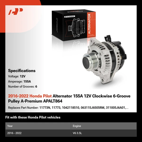 2016-2022 Honda Pilot Alternator 155A 12V Clockwise 6-Groove Pulley A-Premium APALT864