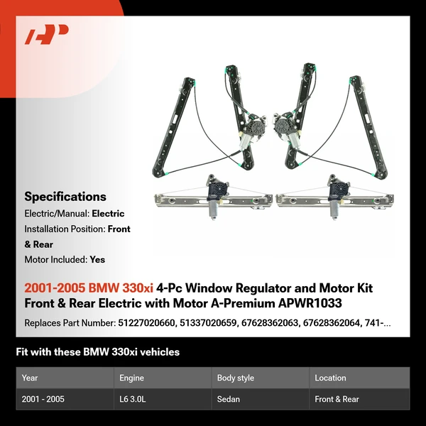 2001-2005 BMW 330xi 4-Pc Window Regulator and Motor Kit Front & Rear Electric with Motor A-Premium APWR1033