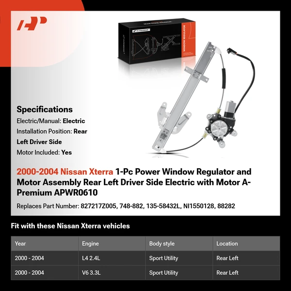 2000-2004 Nissan Xterra 1-Pc Power Window Regulator and Motor Assembly Rear Left Driver Side Electric with Motor A-Premium APWR0610