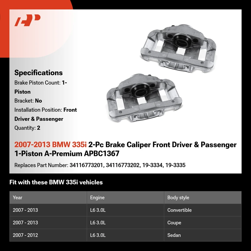 2007-2013 BMW 335i 2-Pc Brake Caliper Front Driver & Passenger 1-Piston A-Premium APBC1367