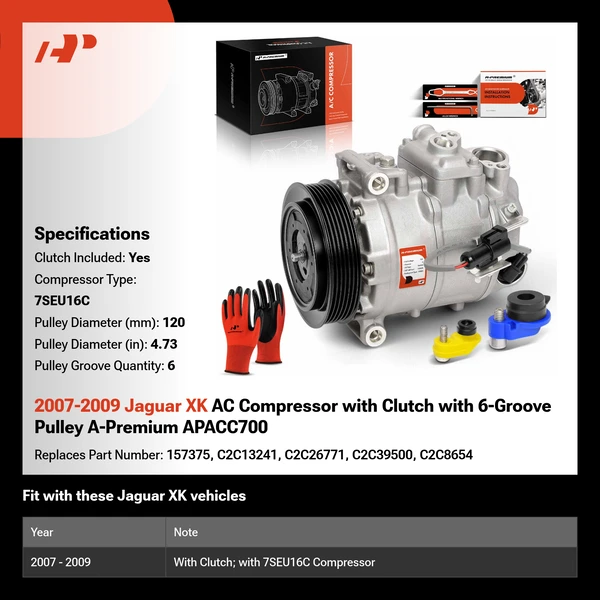 2007-2009 Jaguar XK AC Compressor with Clutch with 6-Groove Pulley A-Premium APACC700