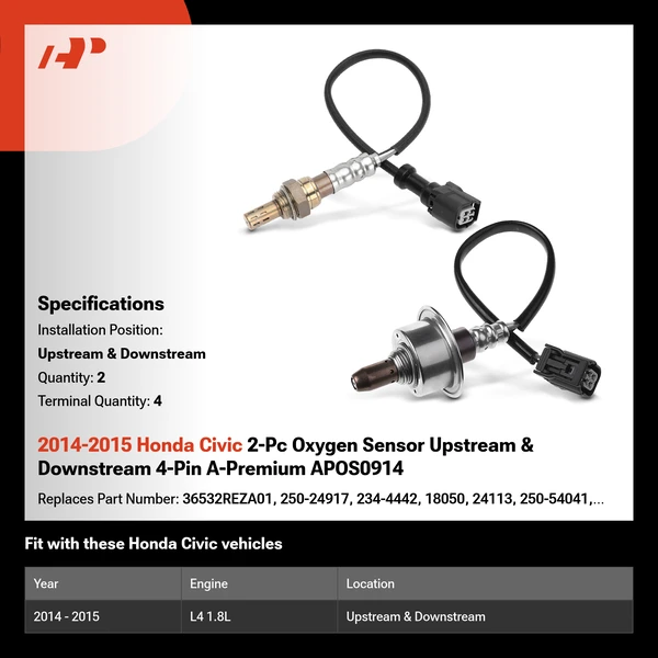 2014-2015 Honda Civic 2-Pc Oxygen Sensor Upstream & Downstream 4-Pin A-Premium APOS0914