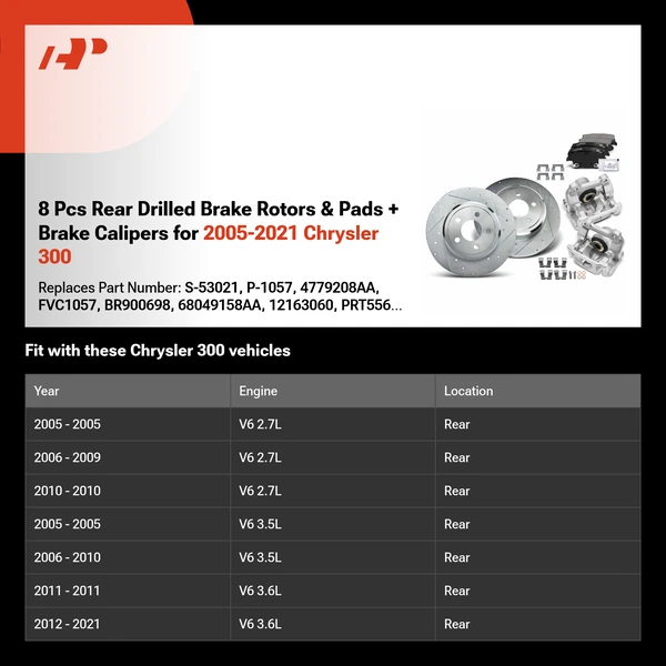 8 Pcs Rear Drilled Brake Rotors & Pads + Brake Calipers for 2005-2021 Chrysler 300