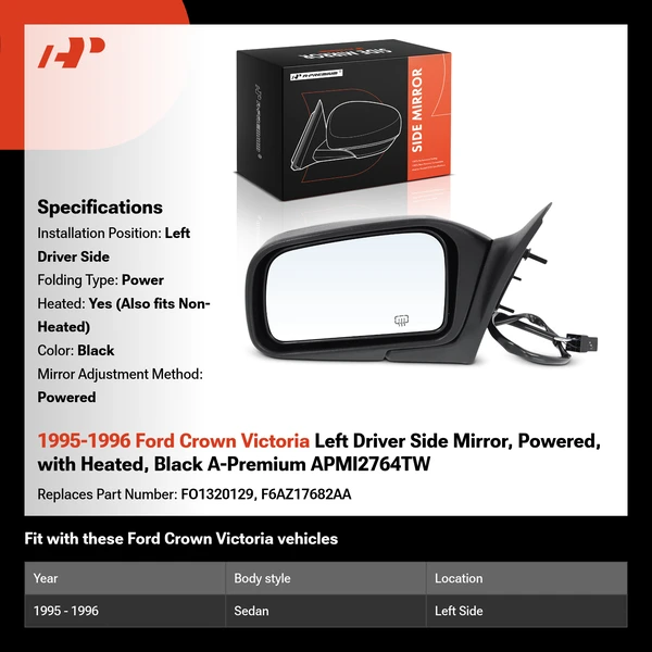 1995-1996 Ford Crown Victoria Left Driver Side Mirror, Powered, with Heated, Black A-Premium APMI2764TW