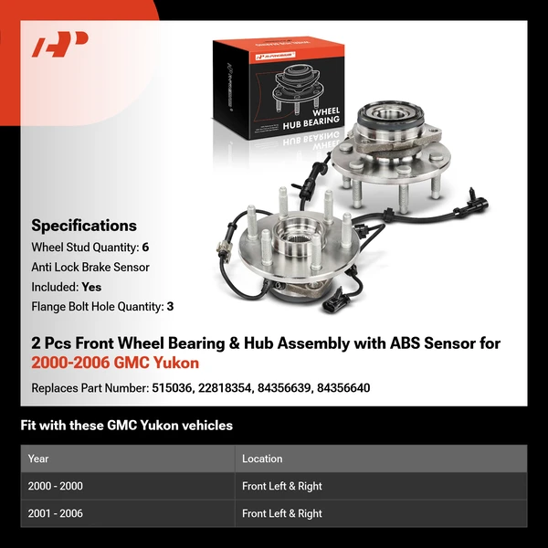 2 Pcs Front Wheel Bearing & Hub Assembly with ABS Sensor for 2000-2006 GMC Yukon