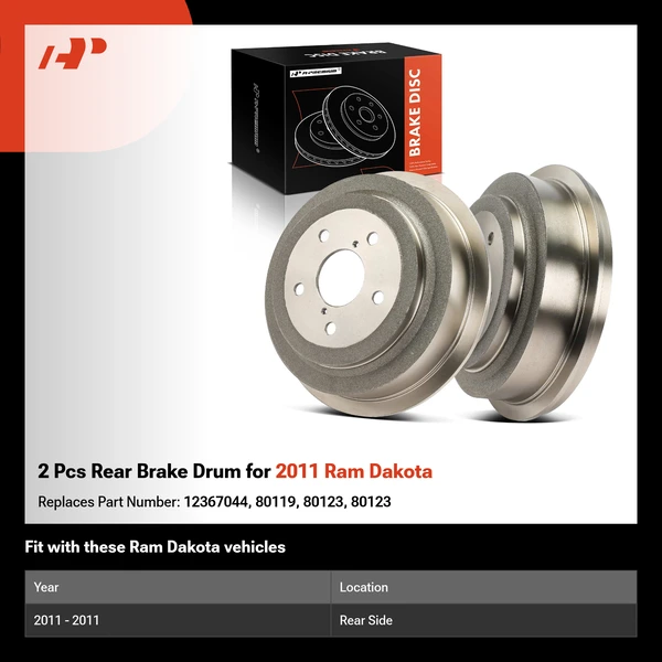 2 Pcs Rear Brake Drum for 2011 Ram Dakota