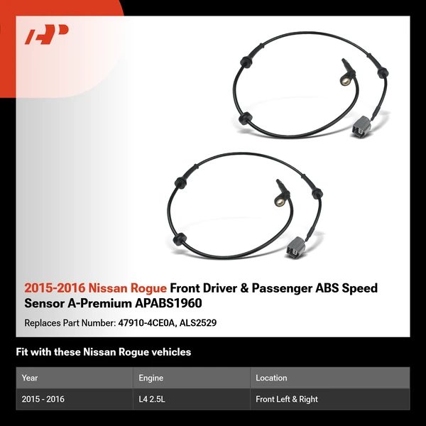 2015-2016 Nissan Rogue Front Driver & Passenger ABS Speed Sensor A-Premium APABS1960