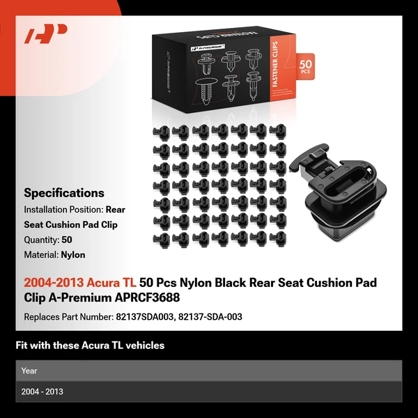 2004-2013 Acura TL 50 Pcs Nylon Black Rear Seat Cushion Pad Clip A-Premium APRCF3688