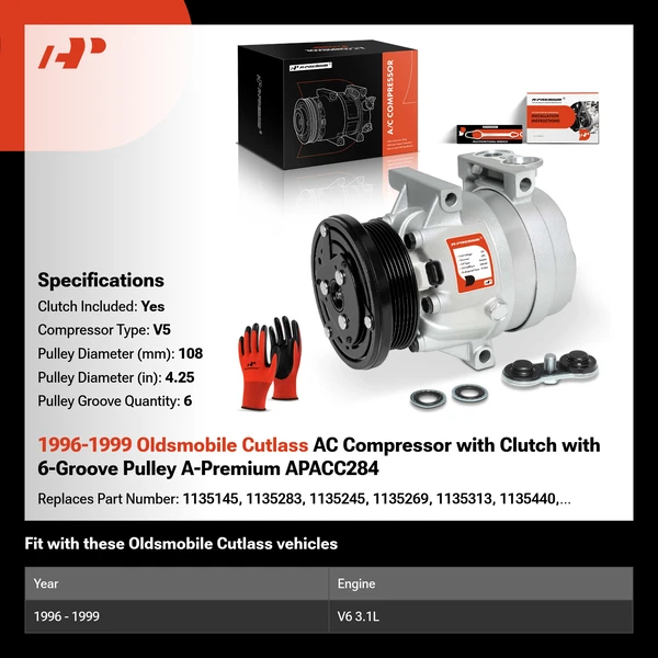 1996-1999 Oldsmobile Cutlass AC Compressor with Clutch with 6-Groove Pulley A-Premium APACC284