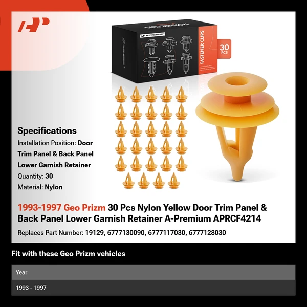 1993-1997 Geo Prizm 30 Pcs Nylon Yellow Door Trim Panel & Back Panel Lower Garnish Retainer A-Premium APRCF4214