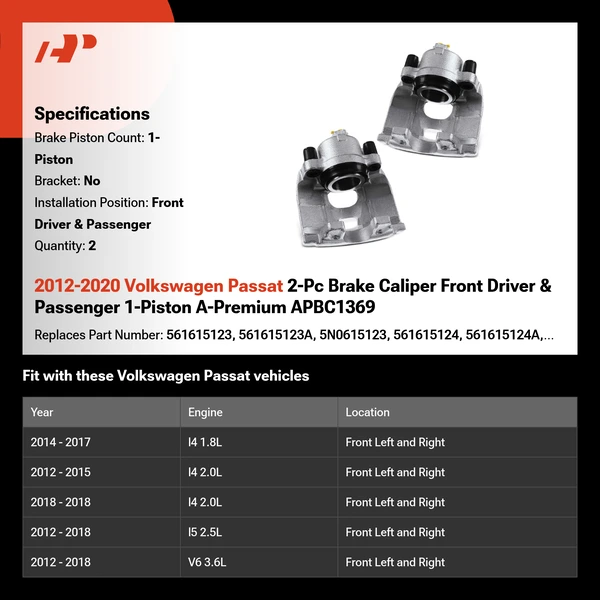 2012-2020 Volkswagen Passat 2-Pc Brake Caliper Front Driver & Passenger 1-Piston A-Premium APBC1369