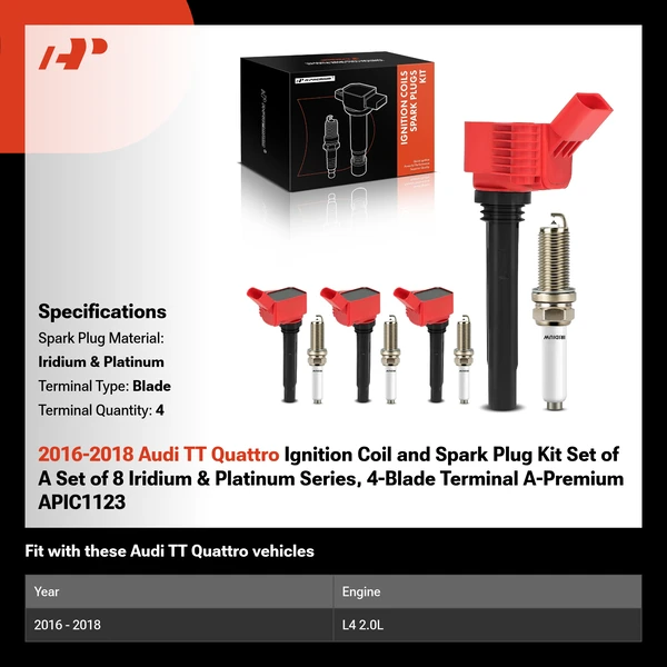 2016-2018 Audi TT Quattro Ignition Coil and Spark Plug Kit Set of A Set of 8 Iridium & Platinum Series, 4-Blade Terminal A-Premium APIC1123