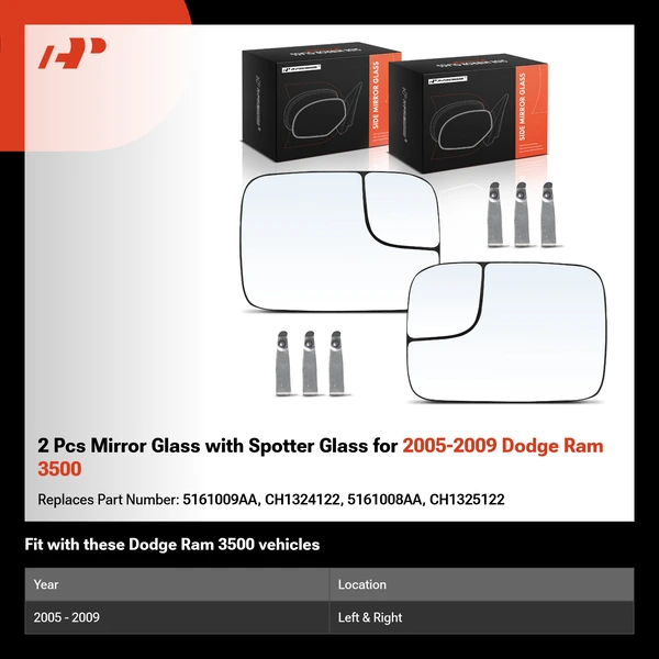 2 Pcs Mirror Glass with Spotter Glass for 2005-2009 Dodge Ram 3500