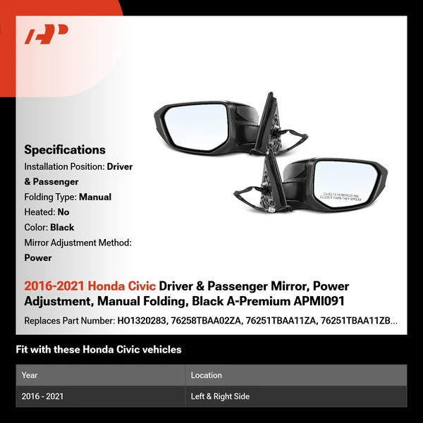 2016-2021 Honda Civic Driver & Passenger Mirror, Power Adjustment, Manual Folding, Black A-Premium APMI091