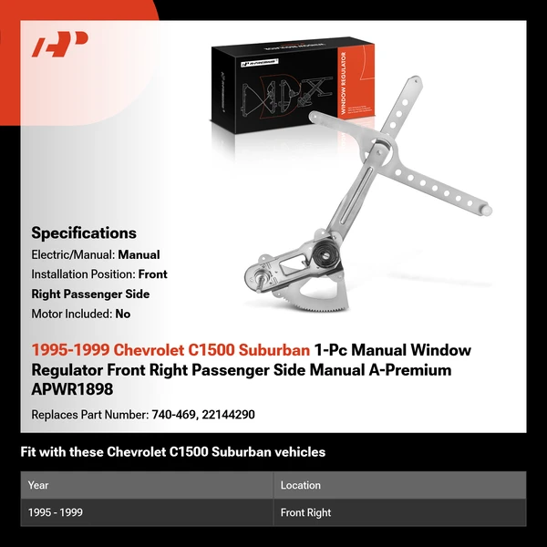 1995-1999 Chevrolet C1500 Suburban 1-Pc Manual Window Regulator Front Right Passenger Side Manual A-Premium APWR1898