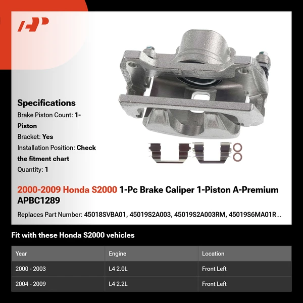 2000-2009 Honda S2000 1-Pc Brake Caliper 1-Piston A-Premium APBC1289