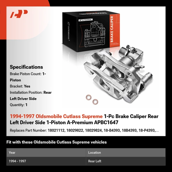 1994-1997 Oldsmobile Cutlass Supreme 1-Pc Brake Caliper Rear Left Driver Side 1-Piston A-Premium APBC1647