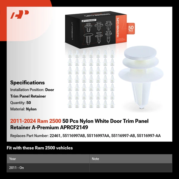 2011-2024 Ram 2500 50 Pcs Nylon White Door Trim Panel Retainer A-Premium APRCF2149