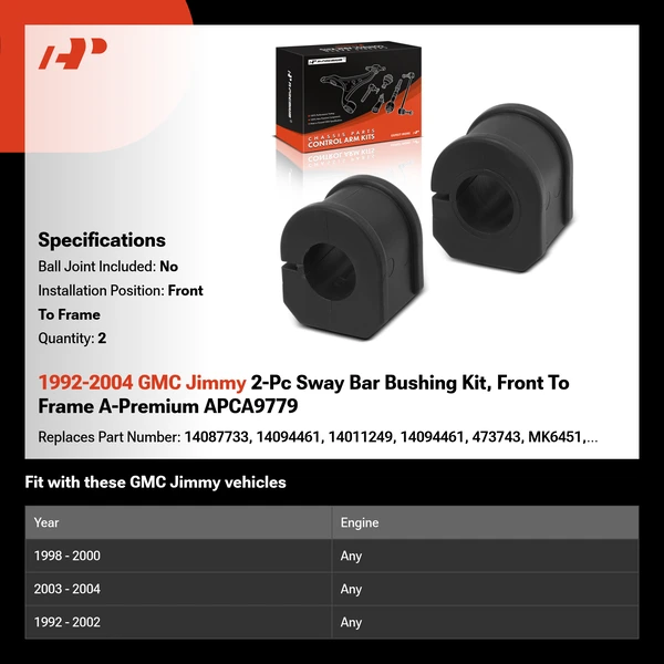 1992-2004 GMC Jimmy 2-Pc Sway Bar Bushing Kit, Front To Frame A-Premium APCA9779