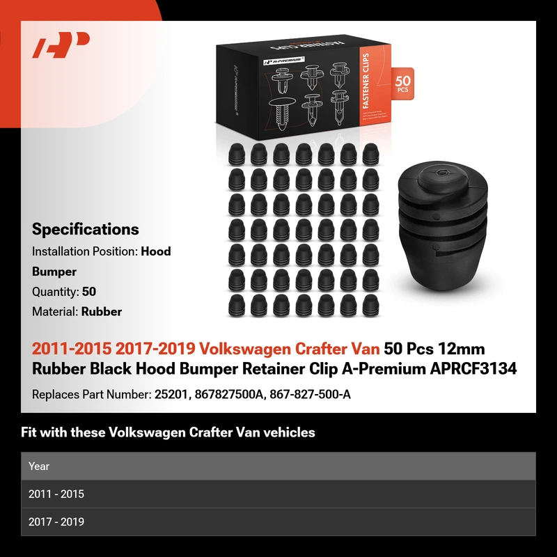 2011-2015 2017-2019 Volkswagen Crafter Van 50 Pcs 12mm Rubber Black Hood Bumper Retainer Clip A-Premium APRCF3134