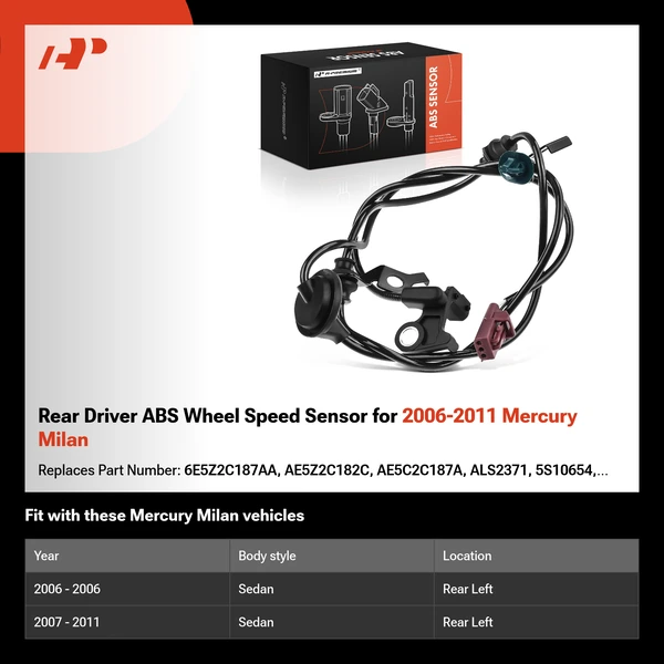Rear Driver ABS Wheel Speed Sensor for 2006-2011 Mercury Milan
