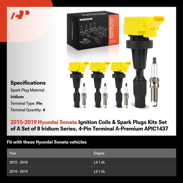 2015-2019 Hyundai Sonata Ignition Coils & Spark Plugs Kits Set of A Set of 8 Iridium Series, 4-Pin Terminal A-Premium APIC1437