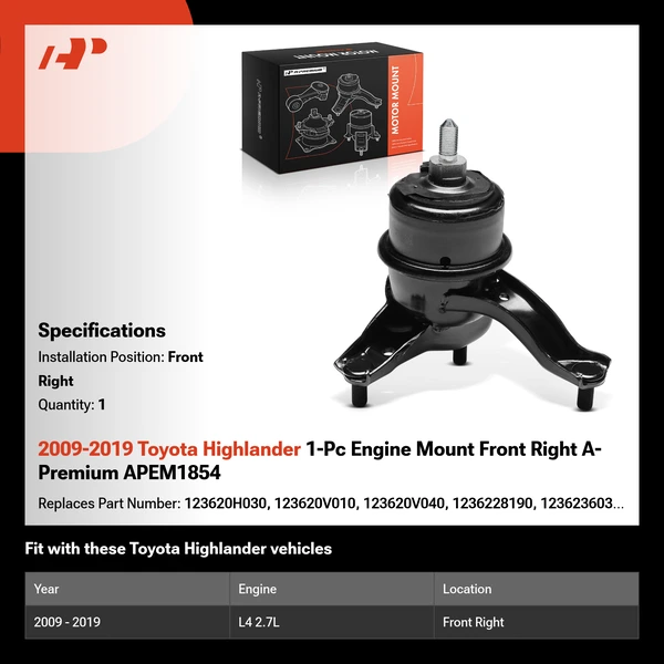 2009-2019 Toyota Highlander 1-Pc Engine Mount Front Right A-Premium APEM1854