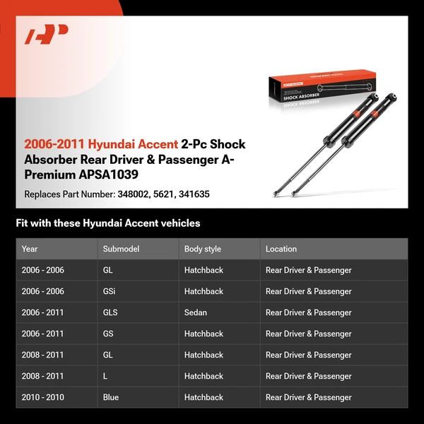 2006-2011 Hyundai Accent 2-Pc Shock Absorber Rear Driver & Passenger A-Premium APSA1039