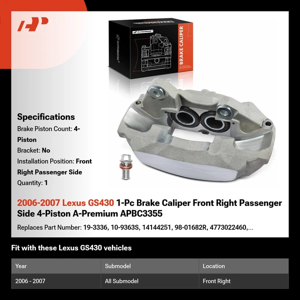 2006-2007 Lexus GS430 1-Pc Brake Caliper Front Right Passenger Side 4-Piston A-Premium APBC3355