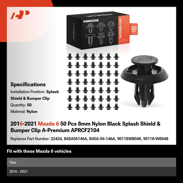 2016-2021 Mazda 6 50 Pcs 8mm Nylon Black Splash Shield & Bumper Clip A-Premium APRCF2104