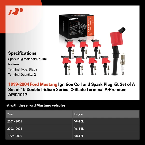 1999-2004 Ford Mustang Ignition Coil and Spark Plug Kit Set of A Set of 16 Double Iridium Series, 2-Blade Terminal A-Premium APIC1017