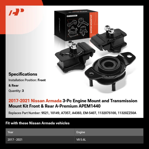 2017-2021 Nissan Armada 3-Pc Engine Mount and Transmission Mount Kit Front & Rear A-Premium APEM1440