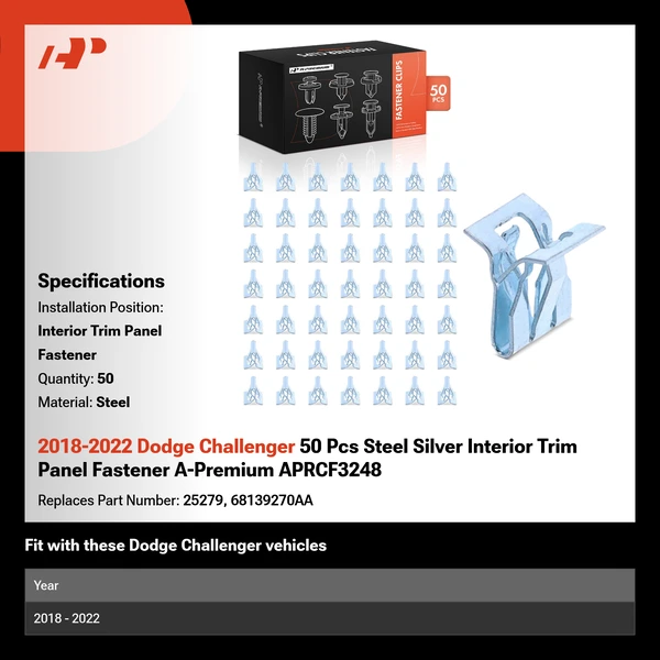 2018-2022 Dodge Challenger 50 Pcs Steel Silver Interior Trim Panel Fastener A-Premium APRCF3248