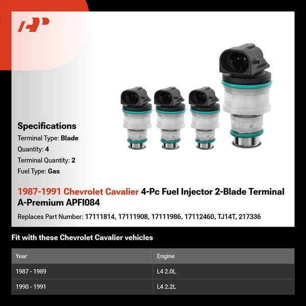 1987-1991 Chevrolet Cavalier 4-Pc Fuel Injector 2-Blade Terminal A-Premium APFI084