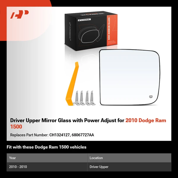 Driver Upper Mirror Glass with Power Adjust for 2010 Dodge Ram 1500