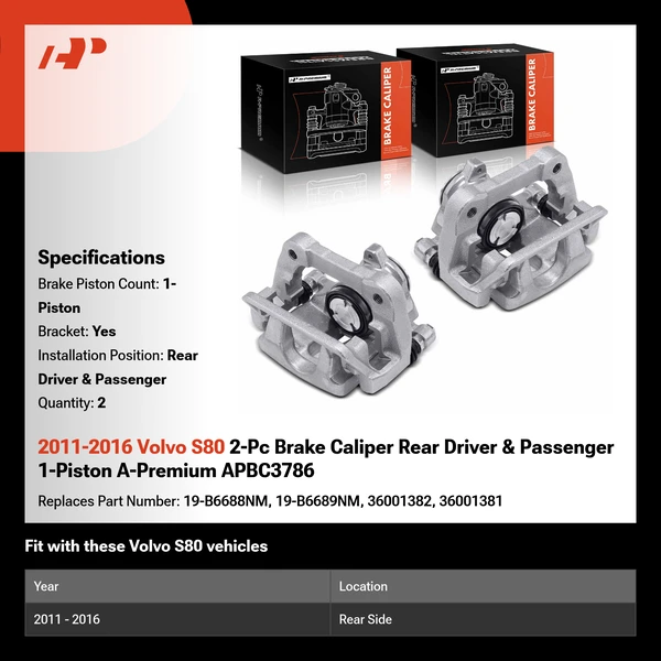 2011-2016 Volvo S80 2-Pc Brake Caliper Rear Driver & Passenger 1-Piston A-Premium APBC3786