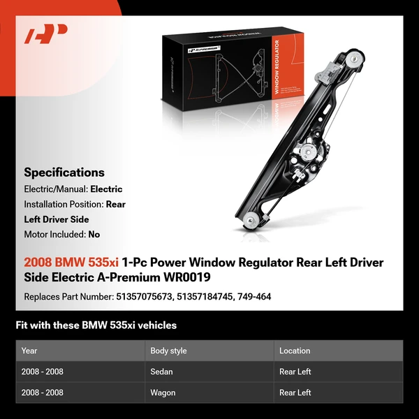 2008 BMW 535xi 1-Pc Power Window Regulator Rear Left Driver Side Electric A-Premium WR0019