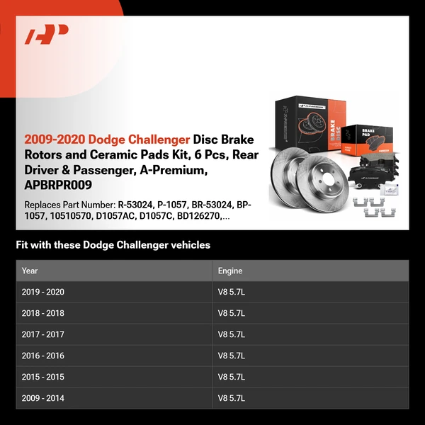 2009-2020 Dodge Challenger Disc Brake Rotors and Ceramic Pads Kit, 6 Pcs, Rear Driver & Passenger, A-Premium, APBRPR009