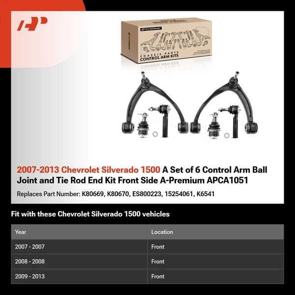 2007-2013 Chevrolet Silverado 1500 A Set of 6 Control Arm Ball Joint and Tie Rod End Kit Front Side A-Premium APCA1051