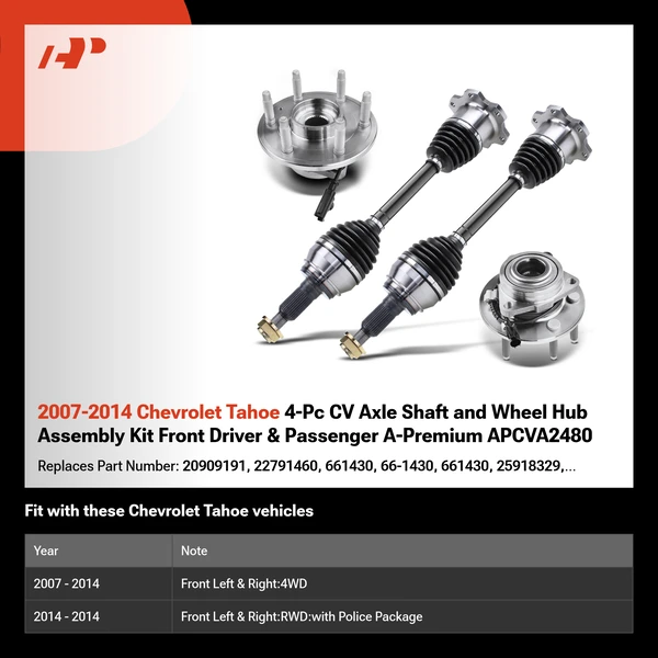 2007-2014 Chevrolet Tahoe 4-Pc CV Axle Shaft and Wheel Hub Assembly Kit Front Driver & Passenger A-Premium APCVA2480