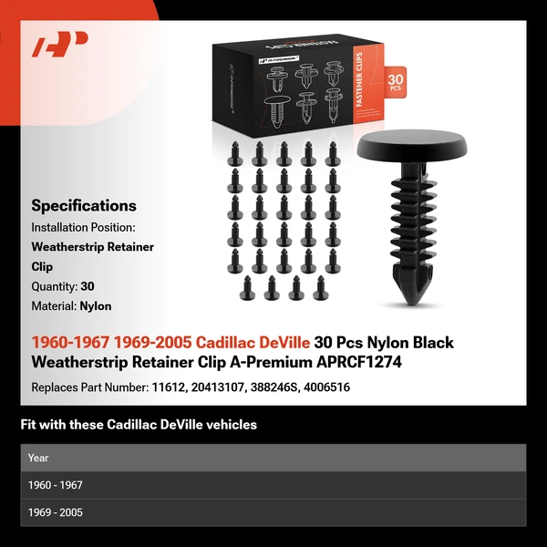 1960-1967 1969-2005 Cadillac DeVille 30 Pcs Nylon Black Weatherstrip Retainer Clip A-Premium APRCF1274