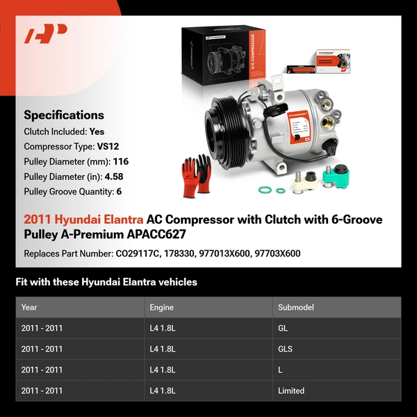 2011 Hyundai Elantra AC Compressor with Clutch with 6-Groove Pulley A-Premium APACC627