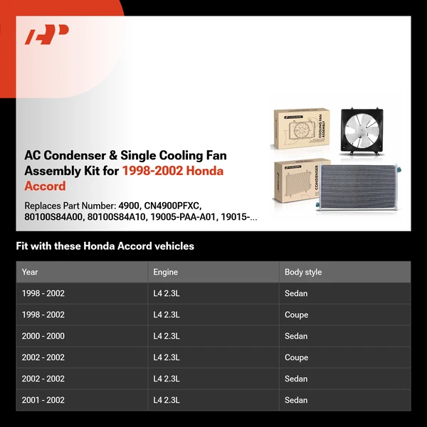 AC Condenser & Single Cooling Fan Assembly Kit for 1998-2002 Honda Accord
