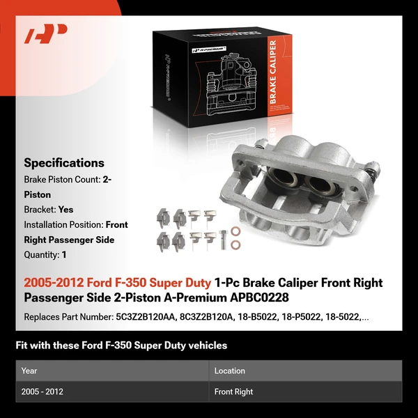 2005-2012 Ford F-350 Super Duty 1-Pc Brake Caliper Front Right Passenger Side 2-Piston A-Premium APBC0228