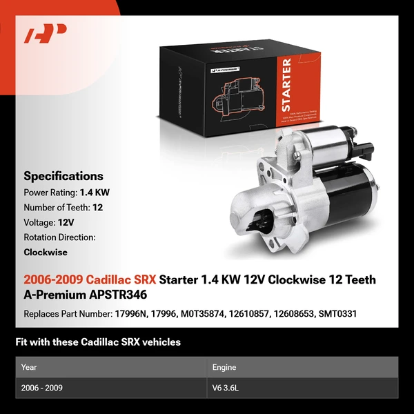2006-2009 Cadillac SRX Starter 1.4 KW 12V Clockwise 12 Teeth A-Premium APSTR346