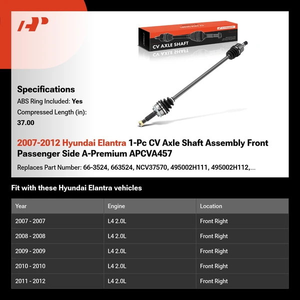 2007-2012 Hyundai Elantra 1-Pc CV Axle Shaft Assembly Front Passenger Side A-Premium APCVA457