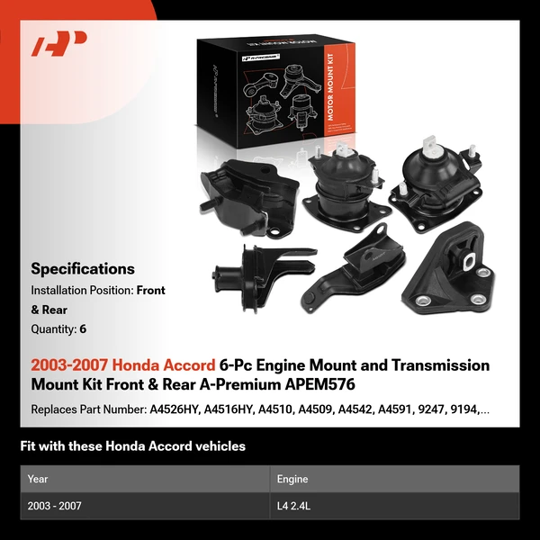 2003-2007 Honda Accord 6-Pc Engine Mount and Transmission Mount Kit Front & Rear A-Premium APEM576