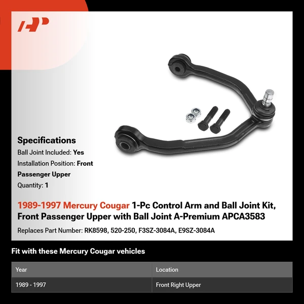 1989-1997 Mercury Cougar 1-Pc Control Arm and Ball Joint Kit, Front Passenger Upper with Ball Joint A-Premium APCA3583
